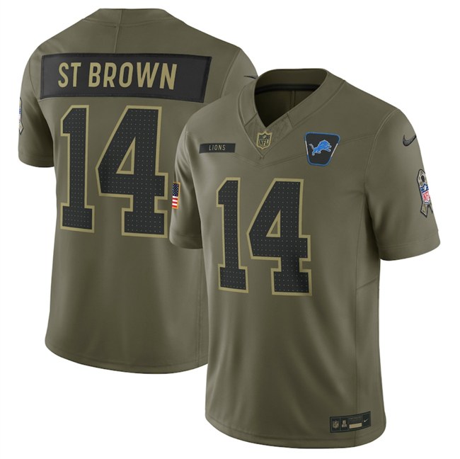 Men's Olive Detroit Lions #14 Amon-Ra St. Brown 2025 F.U.S.E Salute to Service Limited Stitched Football Jersey